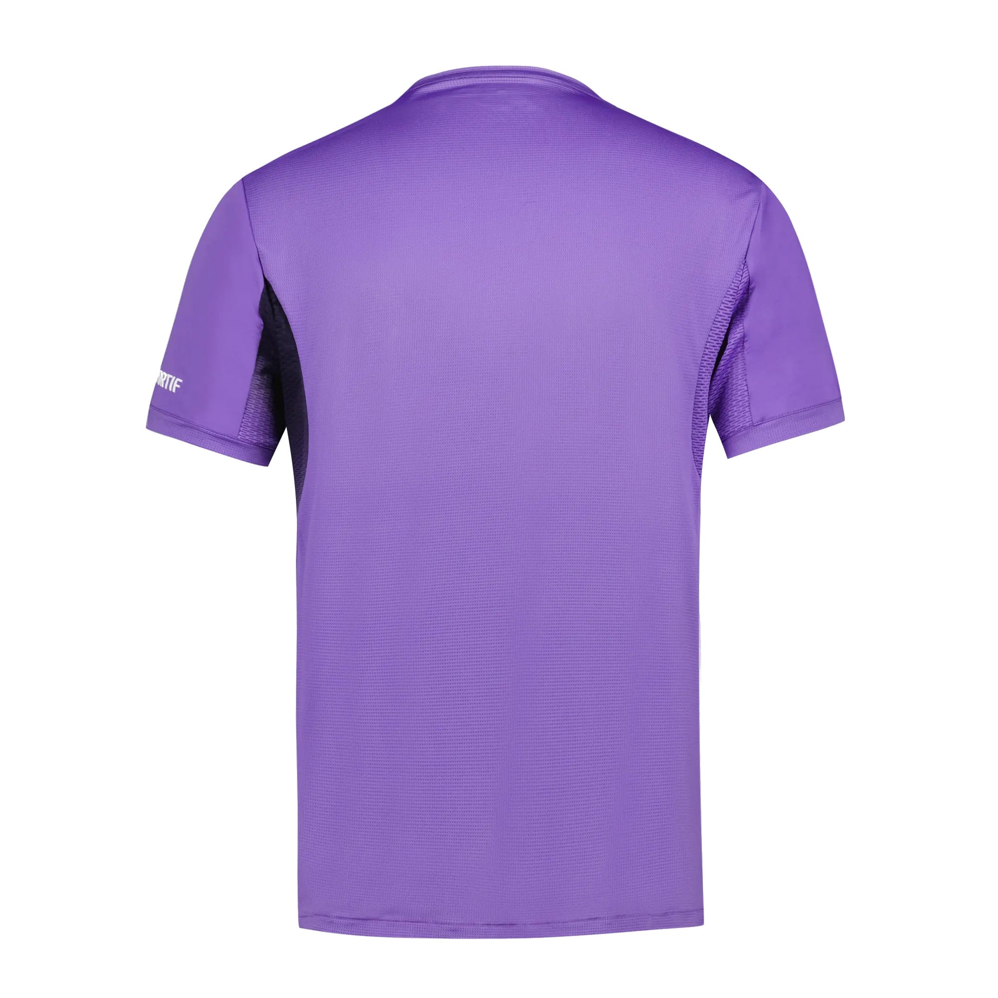 The Le Coq Sportif Pro Mens Badminton T-Shirt in Chive Blossom is displayed from the back, showcasing its short sleeves and fluid movement. Crafted from breathable polyester materials, this lightweight shirt features a small logo on one sleeve for a sleek touch.