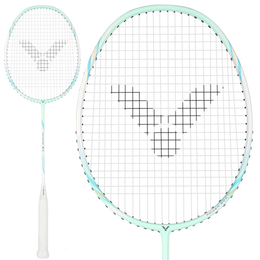 The Victor Thruster K 8 G 4U badminton racket flaunts a sleek white frame with light blue accents, featuring a black "V" string pattern and Power Box technology on the white handle. It is depicted in both full view and an enlarged head view.