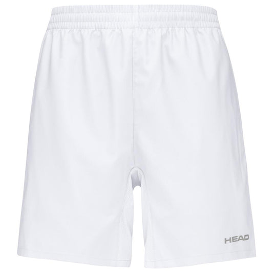 HEAD Club Men's Shorts in white, designed with an elastic waistband and featuring the HEAD Sportswear logo at the bottom right in small, gray letters. These shorts are enhanced with MXM Technology to provide ultimate comfort and performance.