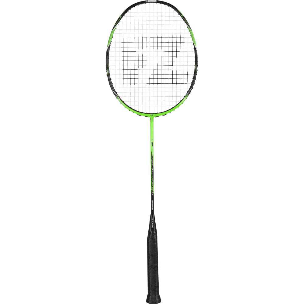 The FZ Forza Precision X3 Badminton Racket in bright green and black, made from Ultra High Modulus Graphite, showcases "FZ" on the strings. It includes a slim handle and rounded frame, along with a sleek Slim Shaft for improved performance.