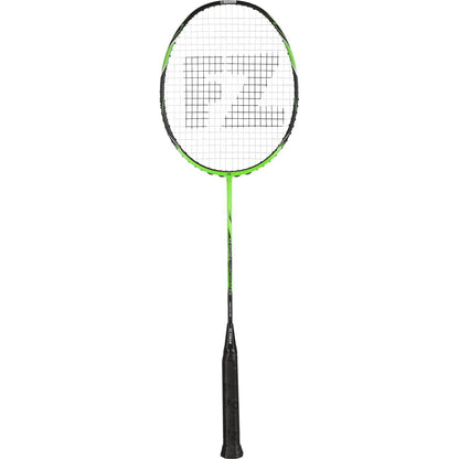 The FZ Forza Precision X3 Badminton Racket in bright green and black, made from Ultra High Modulus Graphite, showcases "FZ" on the strings. It includes a slim handle and rounded frame, along with a sleek Slim Shaft for improved performance.