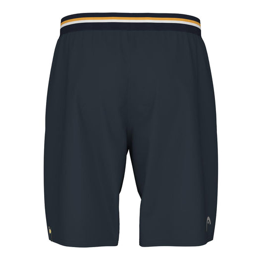 HEAD Performance Men's Badminton Shorts in navy blue showcase a minimalist design with a black and yellow striped waistband, as seen from the back. Crafted with 4-way stretch fabric and equipped with Moisture Transfer Microfiber technology, they ensure optimal comfort.