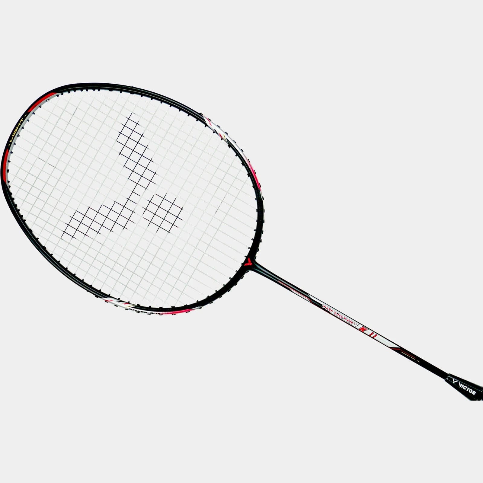 The Victor Thruster K11 C 4U is a lightweight badminton racket with a flexible shaft. It has a black and red frame, white string pattern featuring the logo in the center, and a comfortable black grip.