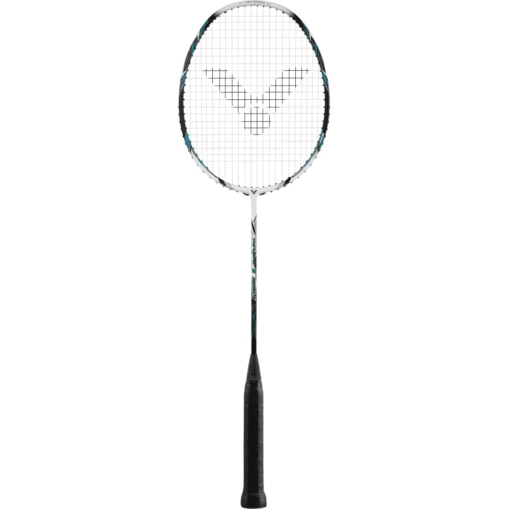 The Victor Thruster 220H II Badminton Racket in White Smoke from the Victor brand highlights a black handle paired with a white netted head featuring an elegant symmetrical logo. Its slender shaft is elegantly simple, enhanced by discreet black and white details and fitted with Powerbox technology for optimal performance.