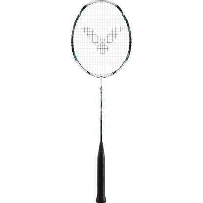 The Victor Thruster 220H II Badminton Racket in White Smoke from the Victor brand highlights a black handle paired with a white netted head featuring an elegant symmetrical logo. Its slender shaft is elegantly simple, enhanced by discreet black and white details and fitted with Powerbox technology for optimal performance.