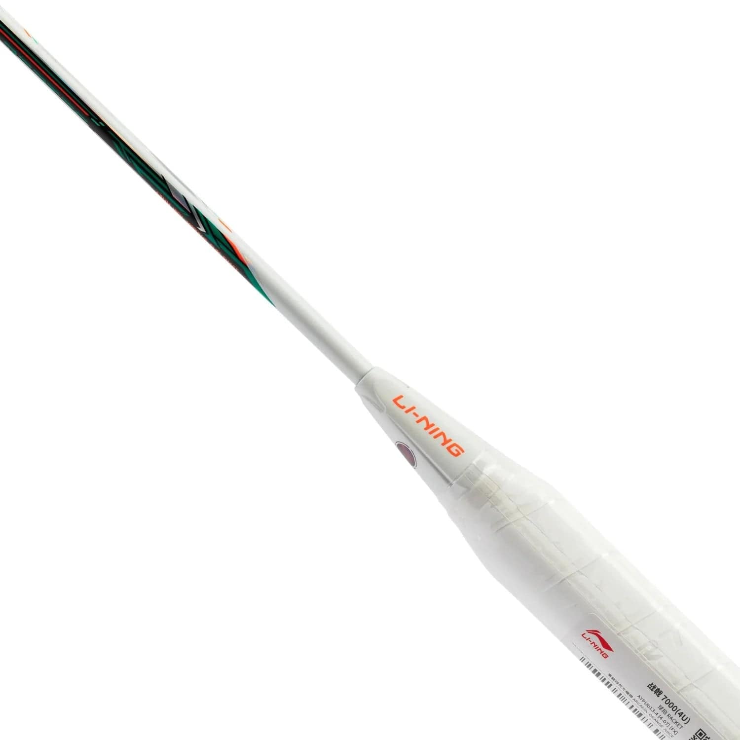 Close-up of a white badminton racket handle featuring the "Li-Ning" logo in red. The shaft extends diagonally, highlighting the sleek design of the Li-Ning Halbertec 7000 4U Badminton Racket - Arcadia / Orange Juice, with minimal color accents.