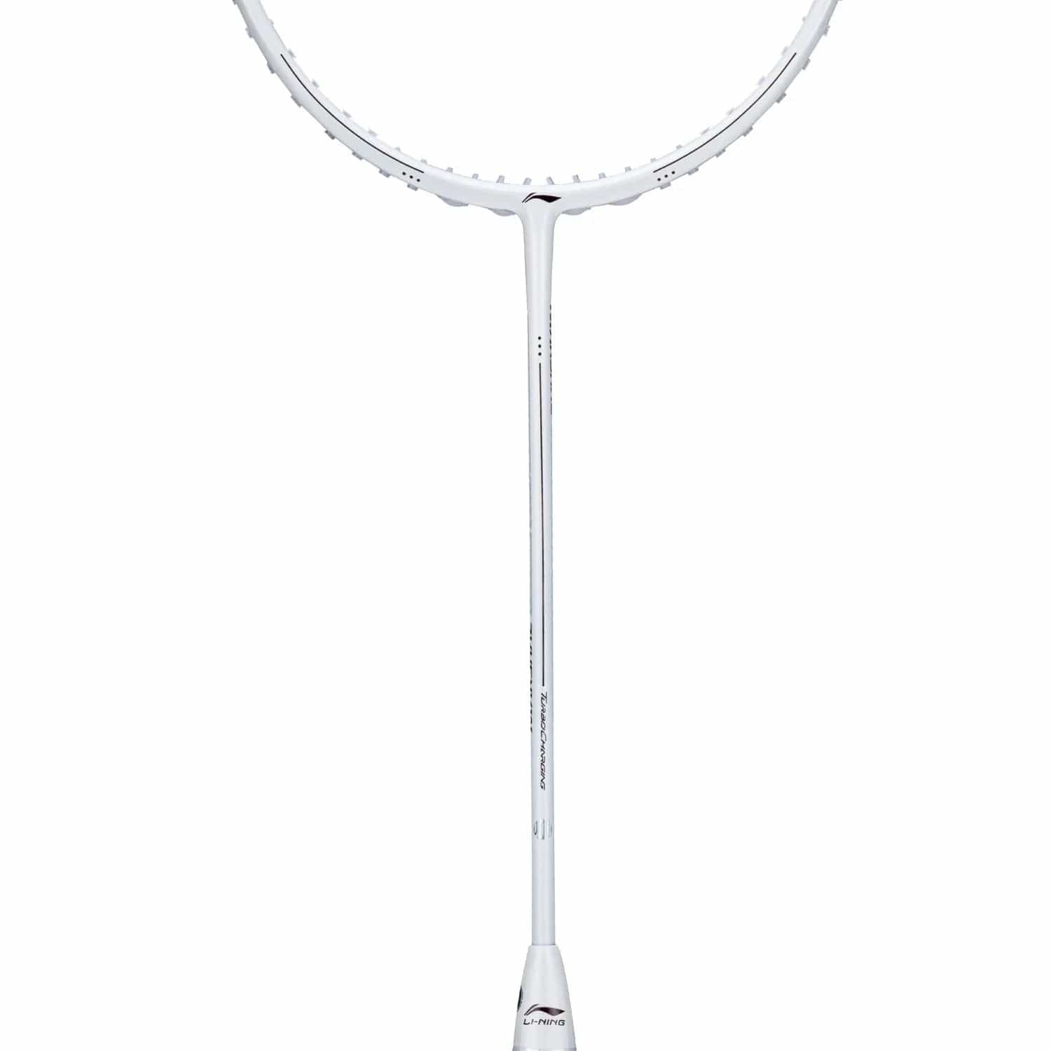 Close-up of the Li-Ning Turbo Charging Marshal 4U Badminton Racket in white, highlighting its frame and shaft design. The stringless, smooth oval head is engineered for power and control, while the slim, straight shaft adds to its minimalistic and sleek elegance.