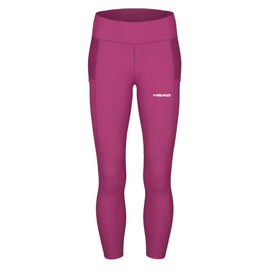 The HEAD Vision Women's Tech Badminton Tights Leggings in Vivid Pink feature a high waistband and mesh side pockets. Crafted from stretchy polyester and elastane, the "HEAD" logo is displayed on the left leg, highlighting an innovative design ideal for performance wear. Perfect for athletic activities, these tights seamlessly blend function and style.