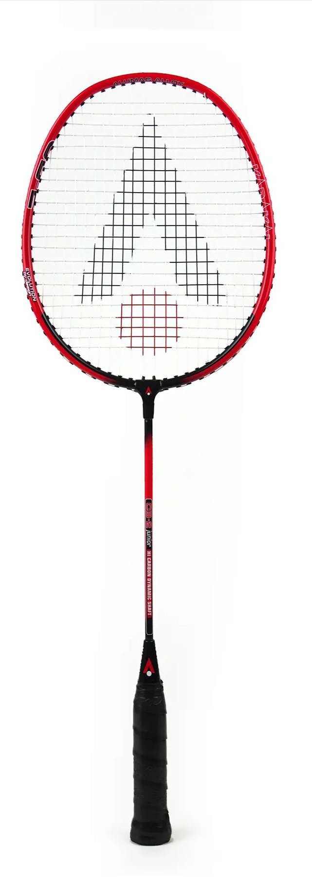 The Karakal CB-2 2.1 Junior Badminton Racket, featuring a black and red color scheme, has an isometric head design with a black handle. The strings create a triangular pattern in the center.