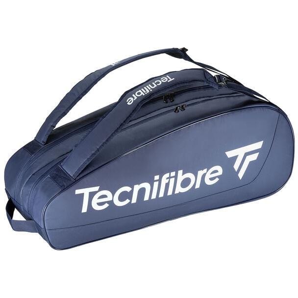 Introducing the Tecnifibre Tour Endurance 2023 9 Racket Badminton Bag in Navy Blue, made from robust tarpaulin material. This bag features two comfortable shoulder straps and a spacious zippered compartment. The brand's logo and name are prominently displayed in white on the side, ensuring it stands out to any badminton enthusiast.