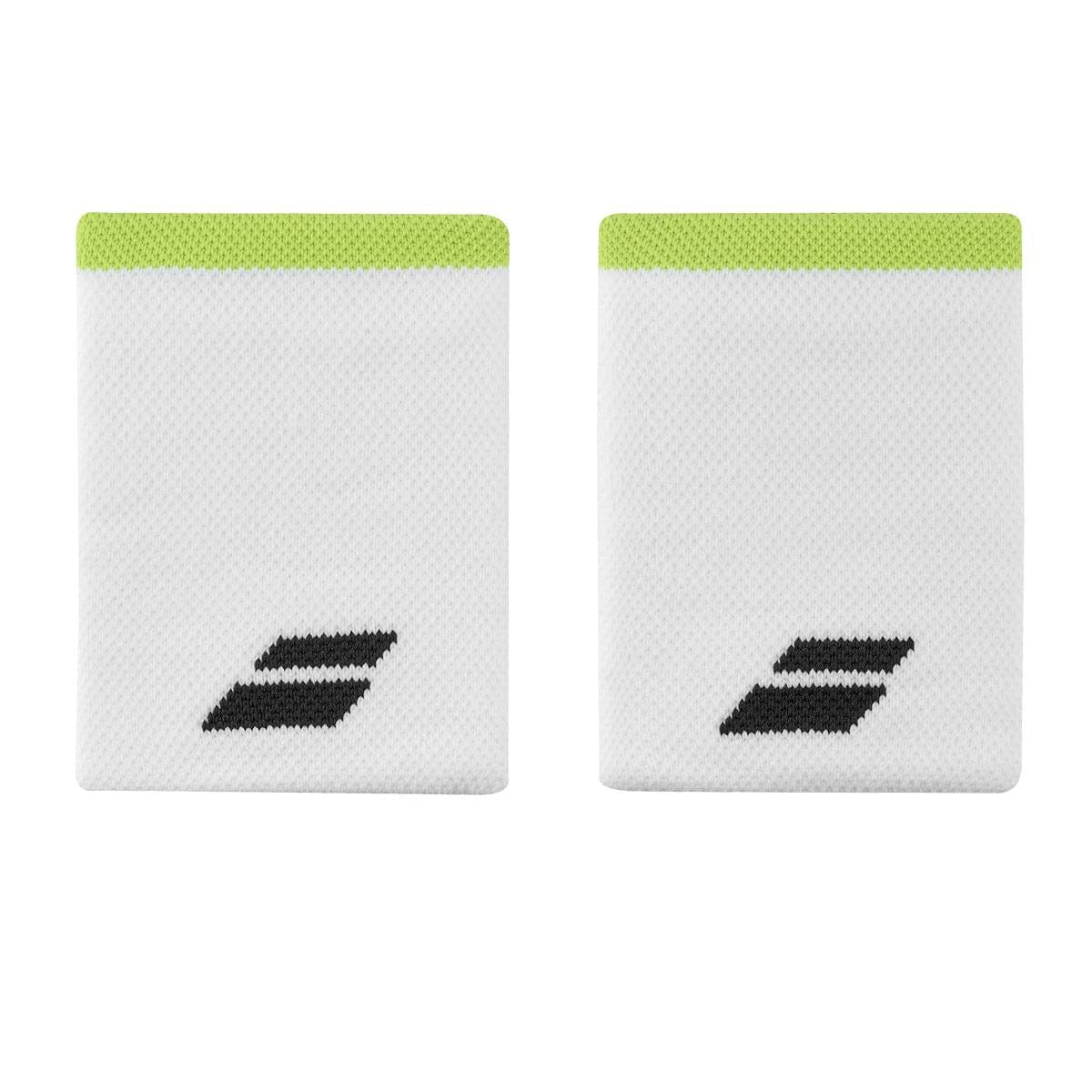 The Babolat Logo Jumbo Wristband in White/Aero features a pair of white wristbands adorned with stylized black "B" logos. These wristbands come with light green trim at the top that contrasts nicely against the white terry material, providing excellent sweat absorption. The textured surface implies a breathable design, making them perfect for athletic use.