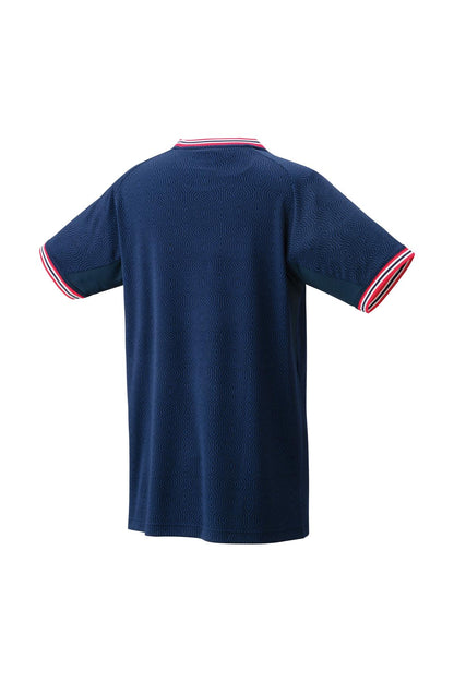 Rear view of the Yonex 10578 Crew Neck Men's Badminton T-Shirt in Indigo Marine, featuring short sleeves and red, white, and blue trim on the collar and sleeve cuffs. The fabric boasts a subtle swirl pattern and includes Yonex's VeryCool technology to ensure comfort on warm days.