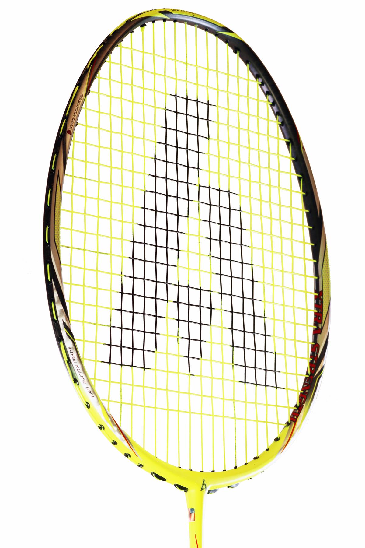 The Ashaway Phantom X-Speed III badminton racket in yellow features black strings that create a geometric pattern, and it is enhanced by the Phantom Airflow System for superior performance.