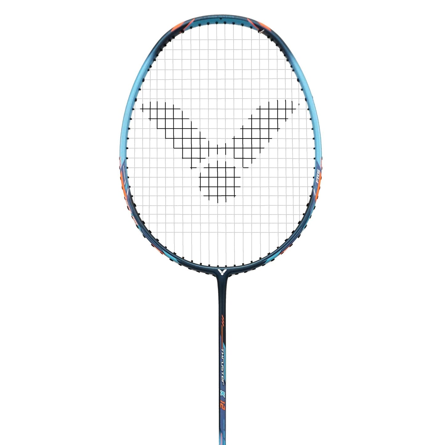 The Victor Thruster K 12 M Badminton Racket by Victor features a distinct blue and black frame with vibrant orange accents, showcasing a head heavy TK-12 design. It includes strings adorned with a pattern and a circular logo at the center, enhanced by the Fibre Reinforced System. The background is plain white.