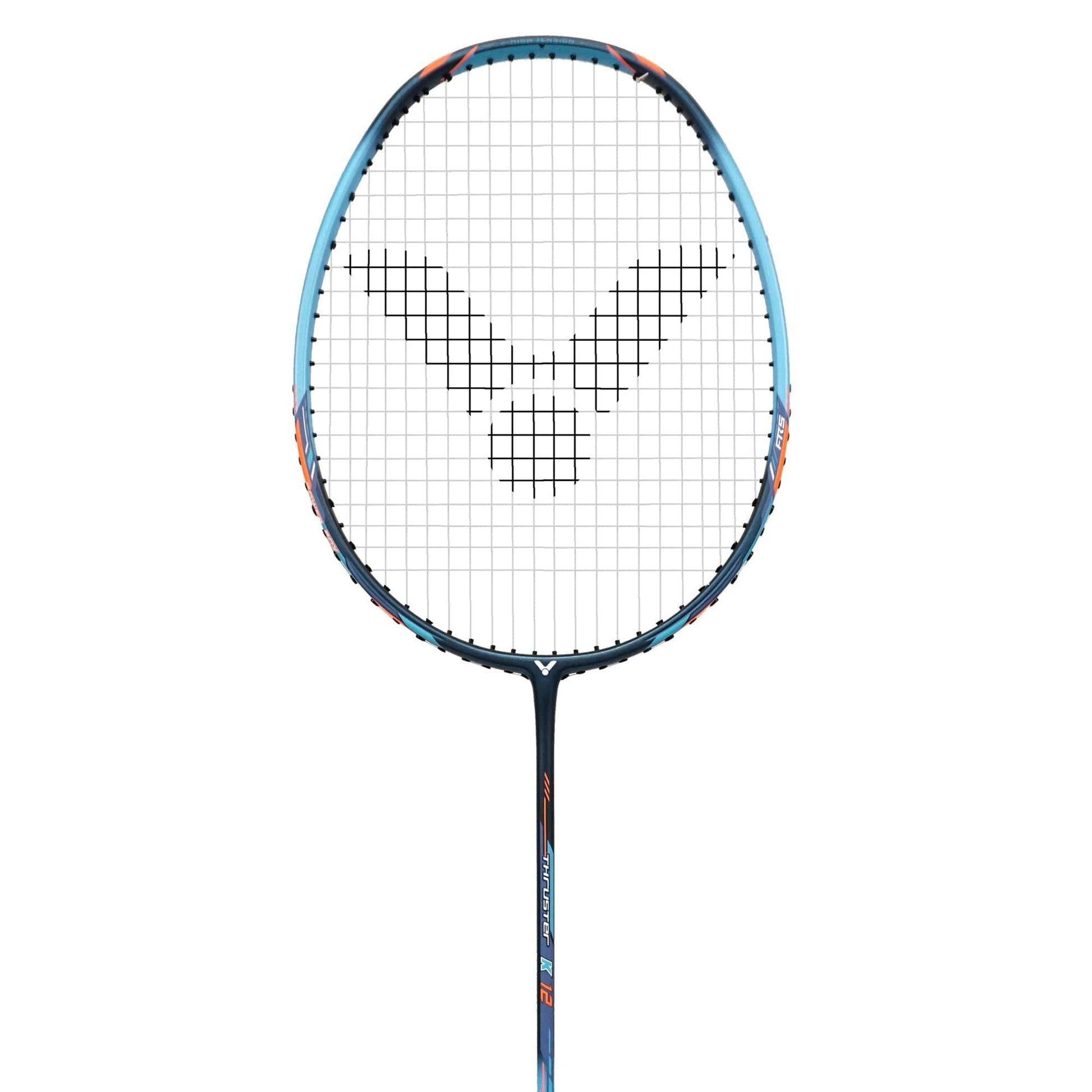 The Victor Thruster K 12 M Badminton Racket by Victor features a distinct blue and black frame with vibrant orange accents, showcasing a head heavy TK-12 design. It includes strings adorned with a pattern and a circular logo at the center, enhanced by the Fibre Reinforced System. The background is plain white.