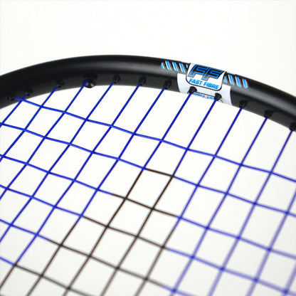 Close-up of a Karakal BZ 50 2.1 Badminton Racket featuring a black frame and blue strings. The frame is marked with the "Fast Fibre" label accompanied by a blue logo. Its isometric square head design enhances precision against a plain white background.