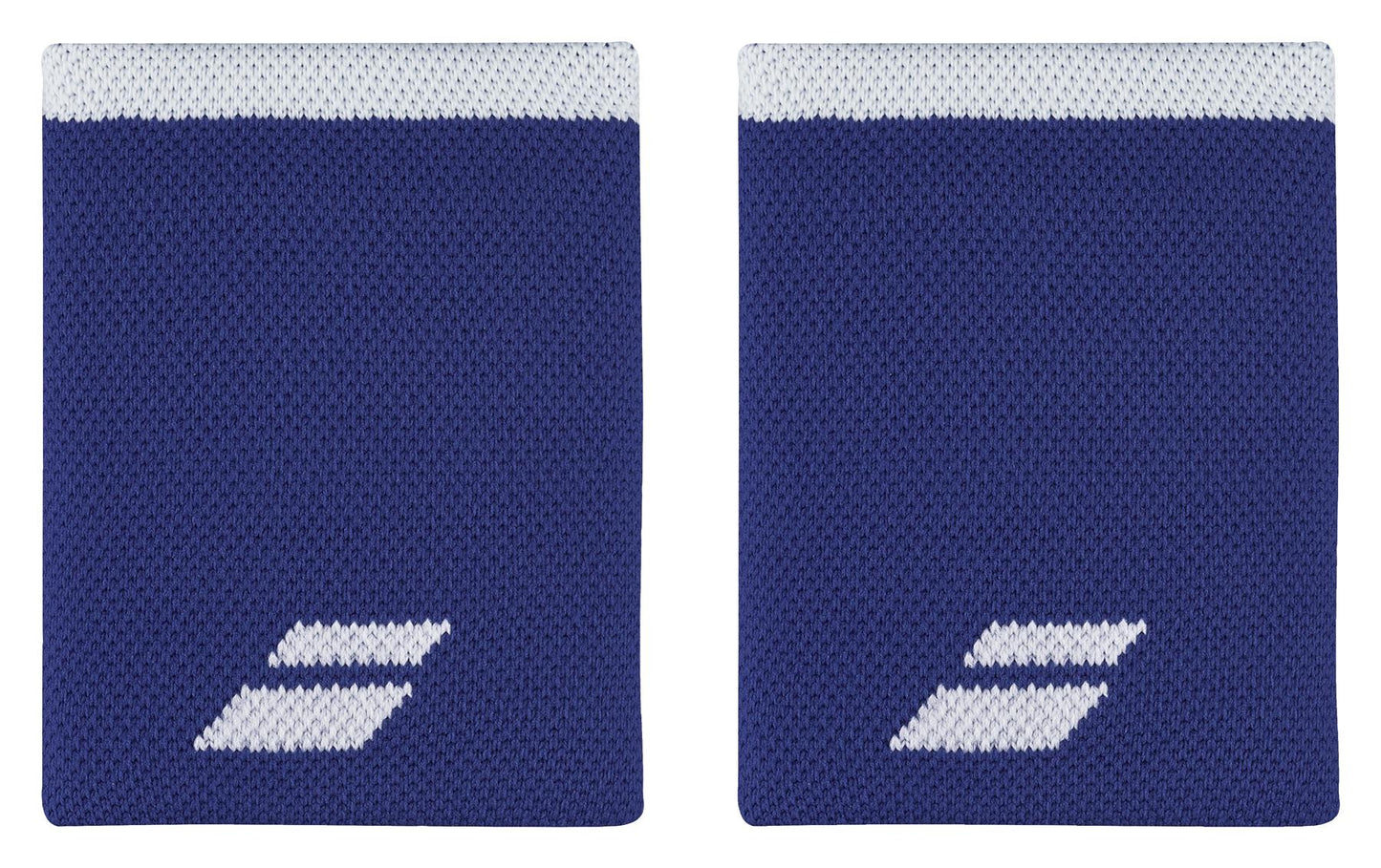 Two sports wristbands by Babolat, named the Jumbo Logo Wristband in White and Sodalite Blue, showcase a unique white logo and stripe at the top. Designed for absorbency and comfort, they are displayed side by side against a white background.