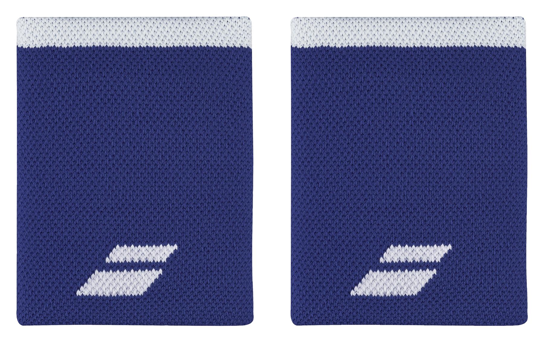 Two sports wristbands by Babolat, named the Jumbo Logo Wristband in White and Sodalite Blue, showcase a unique white logo and stripe at the top. Designed for absorbency and comfort, they are displayed side by side against a white background.