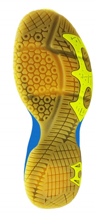 The image showcases the Ashaway Neo X-Glide Indoor Court Badminton Shoes in Blue and Optic Yellow. The sole features a combination of yellow and blue with circular patterns, grid textures, and a vibrant yellow arch support. Additionally, the shoe includes an anti-slip inner sole designed to provide enhanced stability on the court.