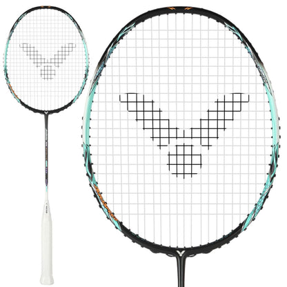 Displayed are two Victor Auraspeed 90K Metallic 4U badminton rackets in black and blue, both equipped with white grips and featuring a teal and black design. The strings are arranged in a stylized "V" pattern. One racket is shown in its entirety, emphasizing its superior shock absorption capabilities, while the other is presented in a close-up view.