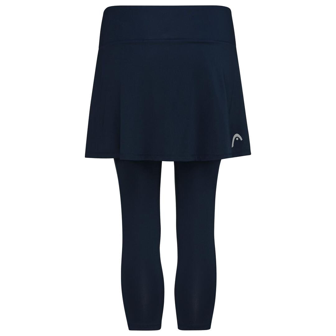 The HEAD Women's Club 3/4 Tights Badminton Skort in dark blue features attached leggings and a subtle logo on the side. It's crafted from moisture transfer microfibre to provide comfort and dryness, all displayed against a white background.