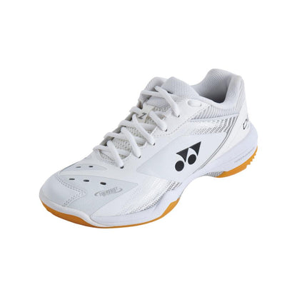 The Yonex Power Cushion 65Z3 Women's Badminton Shoes in white feature a sleek design with a black logo and an orange sole. They incorporate the Yonex Power Cushion technology, offering an ultra-comfortable fit ideal for sports activities. The mesh upper provides excellent breathability, while the lace-up closure ensures a secure fit during athletic endeavors like badminton.