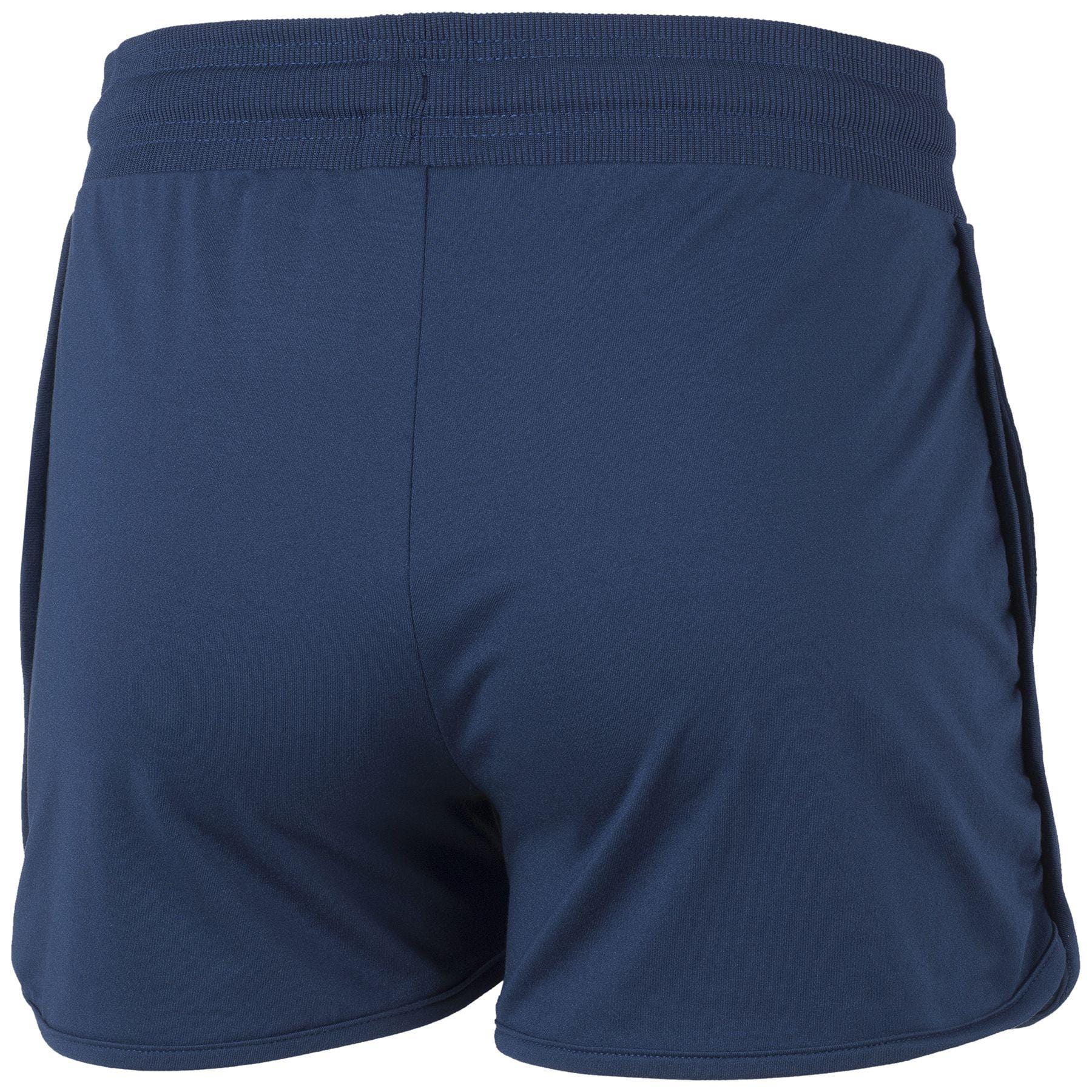 Marine blue athletic shorts viewed from the back, boasting an elastic waistband and side pockets. The smooth, lightweight fabric ensures maximum comfort and maneuverability, making these Tecnifibre Women's Shorts an ideal choice for any activity.