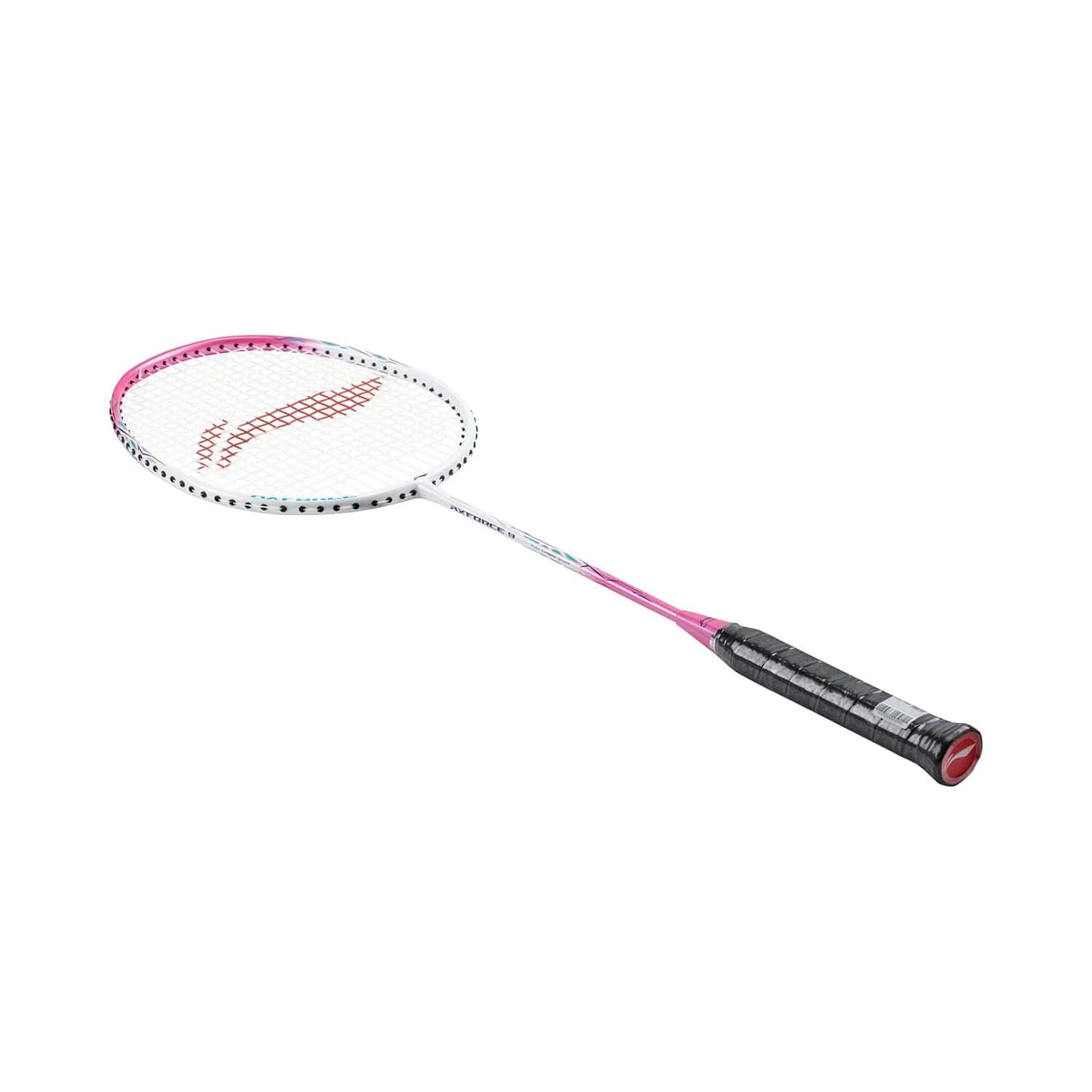 The Li-Ning Axforce 9 3U Badminton Racket, also known as Carmine Rose, features a white frame with pink accents and a black handle. Its head-heavy design includes tightly woven strings, providing a sleek appearance ideal for intense play.