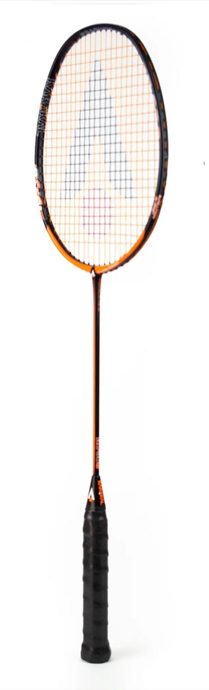 The Karakal BZ 30 2.1 badminton racket boasts a bold black and orange frame with a coordinating black grip. Its isometric head, with strings intricately arranged in an A-shape, is showcased against a simple white background.