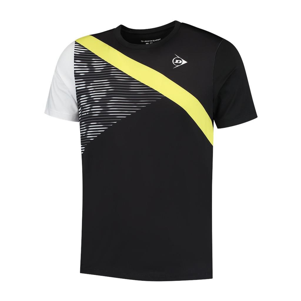 Introducing the Dunlop Performance Game 3 Men's T-Shirt in black: a stylish athletic tee highlighted with a yellow diagonal stripe and white accents on the front, featuring an intricate geometric pattern on the upper chest. Crafted from moisture-absorbing fabric, it's designed to ensure you stay dry and comfortable throughout any activity.