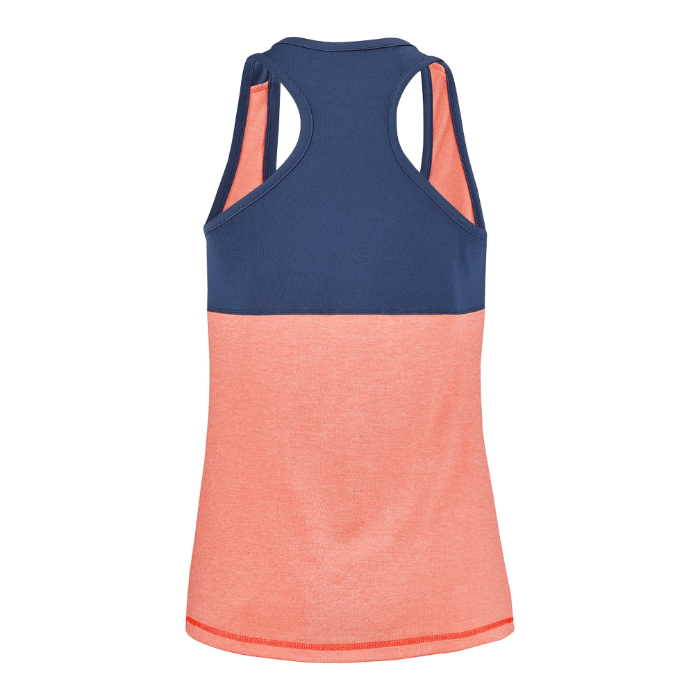 Introducing the Babolat Play Women's Badminton Tank Top in Fluo Strike and Estate Blue, a sleeveless athletic piece designed to enhance freedom of movement. Crafted from Fiber Dry-polyester, it features a racerback style with an estate blue upper and fluo strike lower, seamlessly divided by a horizontal seam. Perfect for your workouts!