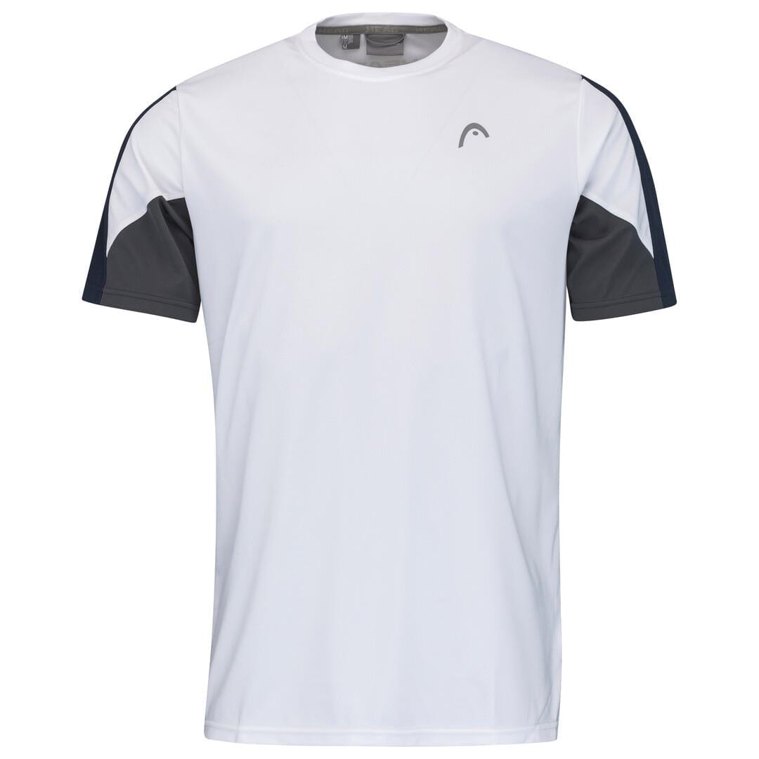 The HEAD Club 22 Men's Tech Badminton T-Shirt in white and dark blue showcases stylish dark blue shoulder panels and a discreet logo on the chest. Engineered with moisture-wicking technology, it ensures optimal comfort, making it ideal for badminton enthusiasts who value both style and performance.