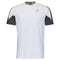 The HEAD Club 22 Men's Tech Badminton T-Shirt in white and dark blue showcases stylish dark blue shoulder panels and a discreet logo on the chest. Engineered with moisture-wicking technology, it ensures optimal comfort, making it ideal for badminton enthusiasts who value both style and performance.