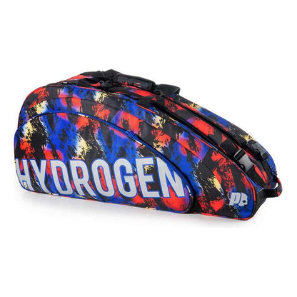 Introducing the Prince Hydrogen Random 9 Racket Bag—a vibrant creation featuring an abstract design in blue, red, yellow, and black. The bold "HYDROGEN" label stands out in large white letters. This bag includes a roomy compartment, adjustable shoulder straps for comfort, and a thermal protective lining to ensure your equipment stays secure.