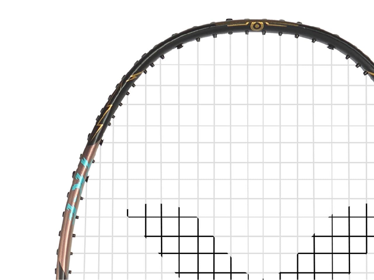 A close-up of the Victor Thruster F Ultra Badminton Racket - Moonless Night, highlighting its top section with intricate strings and an edge adorned in a color pattern of black, brown, and blue accents against a white backdrop. Perfect for players who prefer an aggressive style, this racket seamlessly combines precision with striking aesthetics.