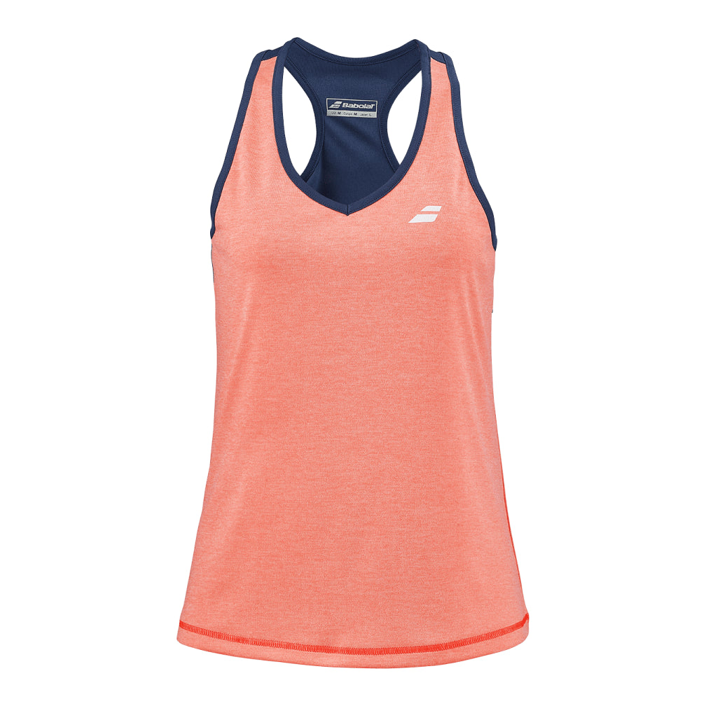 The Babolat Play Women's Badminton Tank Top in Fluo Strike and Estate Blue is a sleeveless athletic garment crafted from lightweight Fiber Dry-polyester. It ensures freedom of movement and includes a subtle logo on the chest, adding a sporty flair.