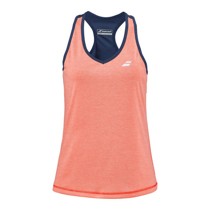 The Babolat Play Women's Badminton Tank Top in Fluo Strike and Estate Blue is a sleeveless athletic garment crafted from lightweight Fiber Dry-polyester. It ensures freedom of movement and includes a subtle logo on the chest, adding a sporty flair.