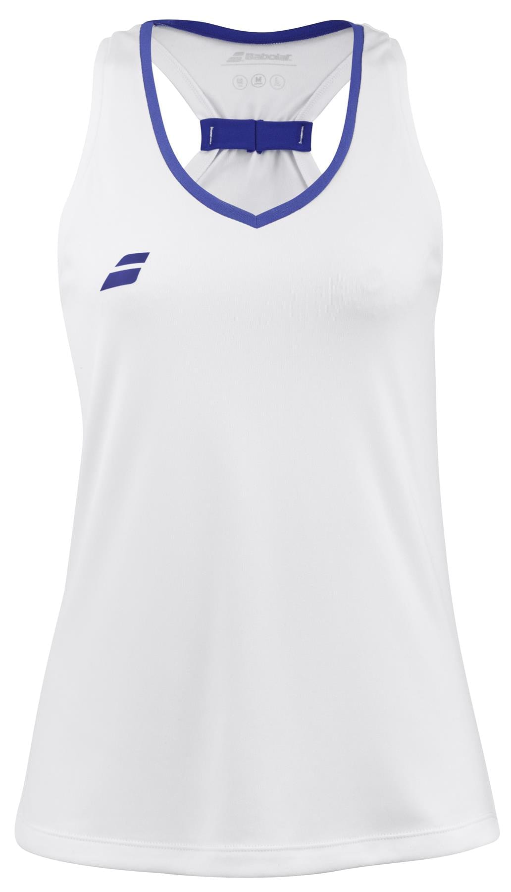 The Babolat Play Women's Badminton Tank Top in white is a sleeveless athletic garment featuring Fiber Dry technology, complemented by blue trim around the neckline and armholes. The upper left chest displays a small, stylized Babolat logo, while the upper back is enhanced with a blue decorative detail.