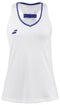 The Babolat Play Women's Badminton Tank Top in white is a sleeveless athletic garment featuring Fiber Dry technology, complemented by blue trim around the neckline and armholes. The upper left chest displays a small, stylized Babolat logo, while the upper back is enhanced with a blue decorative detail.