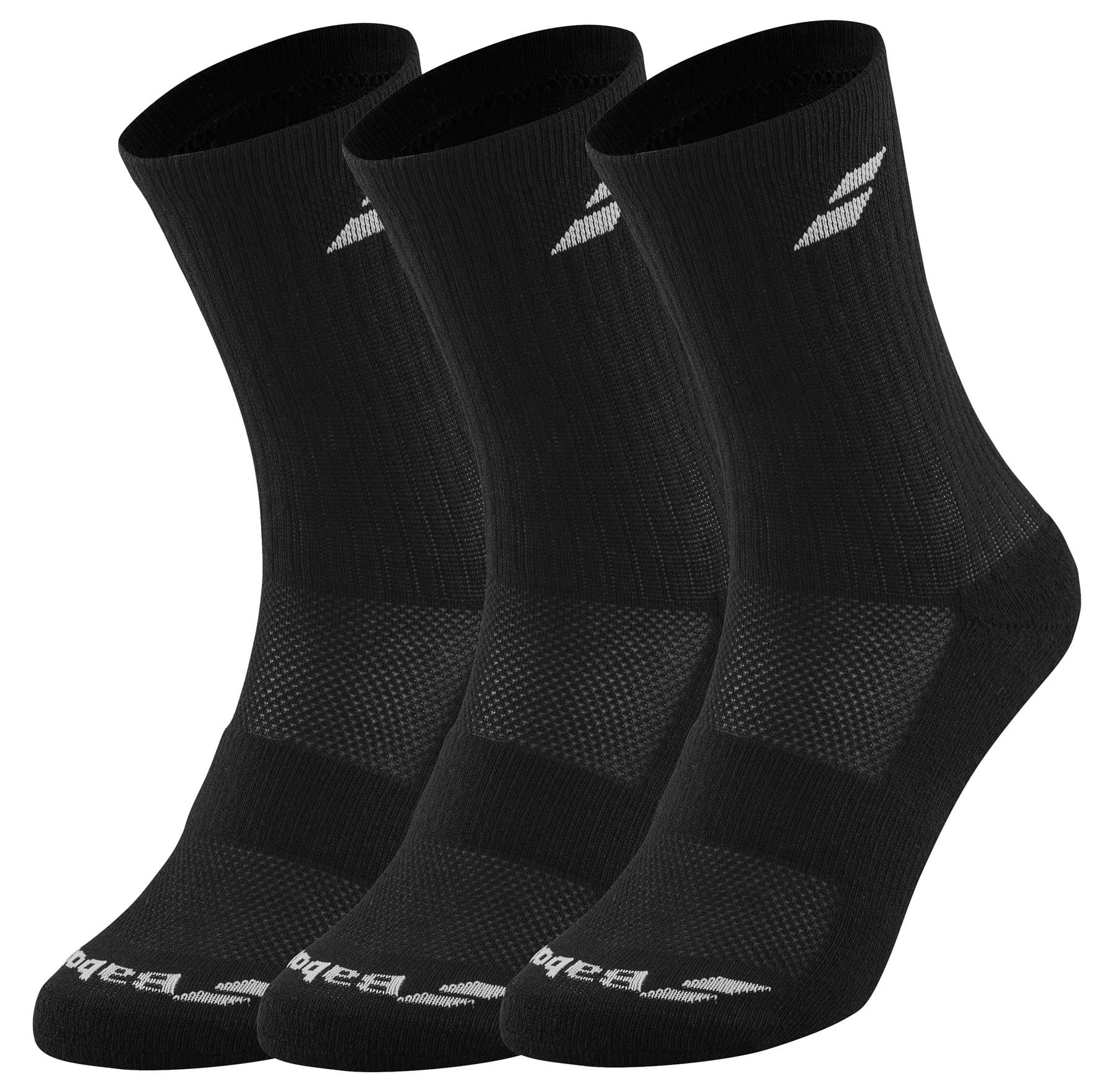 Three black Babolat athletic socks from the Long 3 Pack Badminton series are beautifully displayed, highlighting their ventilated zones for enhanced comfort and support. Each sock features a white logo near the top, along with "Balega" text on the toe area, positioned in a slightly overlapping row. Ideal for those seeking optimal performance and style.