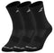 Three black Babolat athletic socks from the Long 3 Pack Badminton series are beautifully displayed, highlighting their ventilated zones for enhanced comfort and support. Each sock features a white logo near the top, along with "Balega" text on the toe area, positioned in a slightly overlapping row. Ideal for those seeking optimal performance and style.