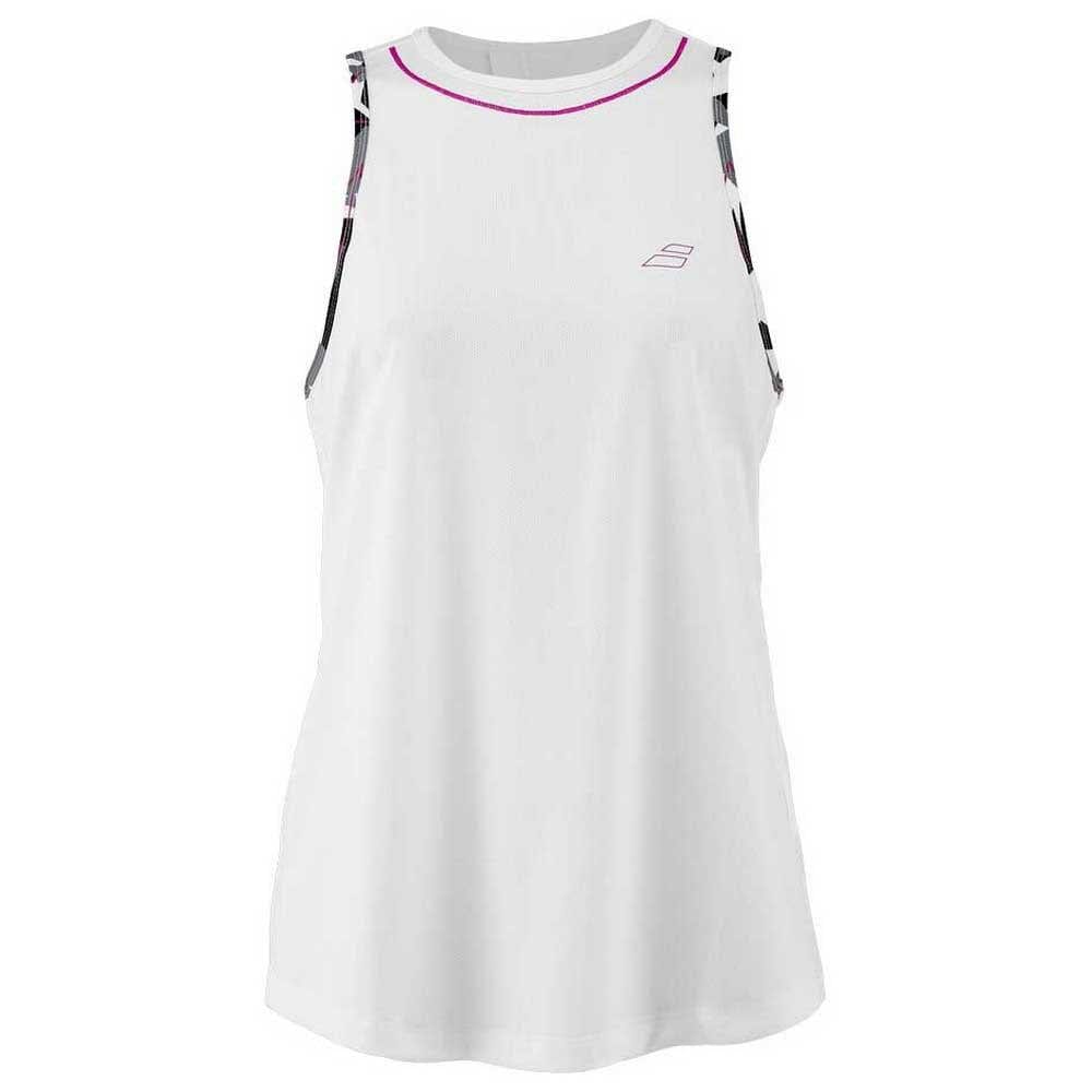 Explore the Babolat Aero Women's Badminton Tank Top in white—a sleek, sleeveless athletic wear featuring a stylish pink accent around the collar and patterned trim on the armholes. Made from breathable synthetic materials, this top guarantees comfort with its lightweight Fiber Dry fabric and features a subtle logo on the chest.