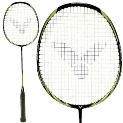 The Victor WaveTec Magan 5 Badminton Racket by Victor boasts a stylish black and yellow graphite composite frame and handle. The strings create a distinctive pattern featuring the brand's logo in the center, with the image offering an in-depth close-up of the racket head as well as a comprehensive view of this remarkable product.