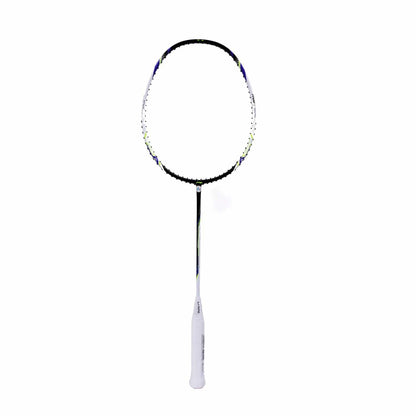 The Li-Ning Halbertec Motor 4U Badminton Racket from Li-Ning showcases a state-of-the-art design with its sleek black frame, white strings, and white grip. Set against a plain white background, this racket is engineered for superior performance.