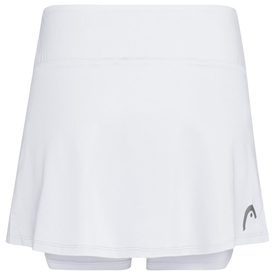 The HEAD Women's Club Basic Badminton Skort in white showcases the brand's logo on the lower right side. Made with moisture transfer microfiber, it features a fitted waistband and a flowing hemline to provide both style and comfort during your game.