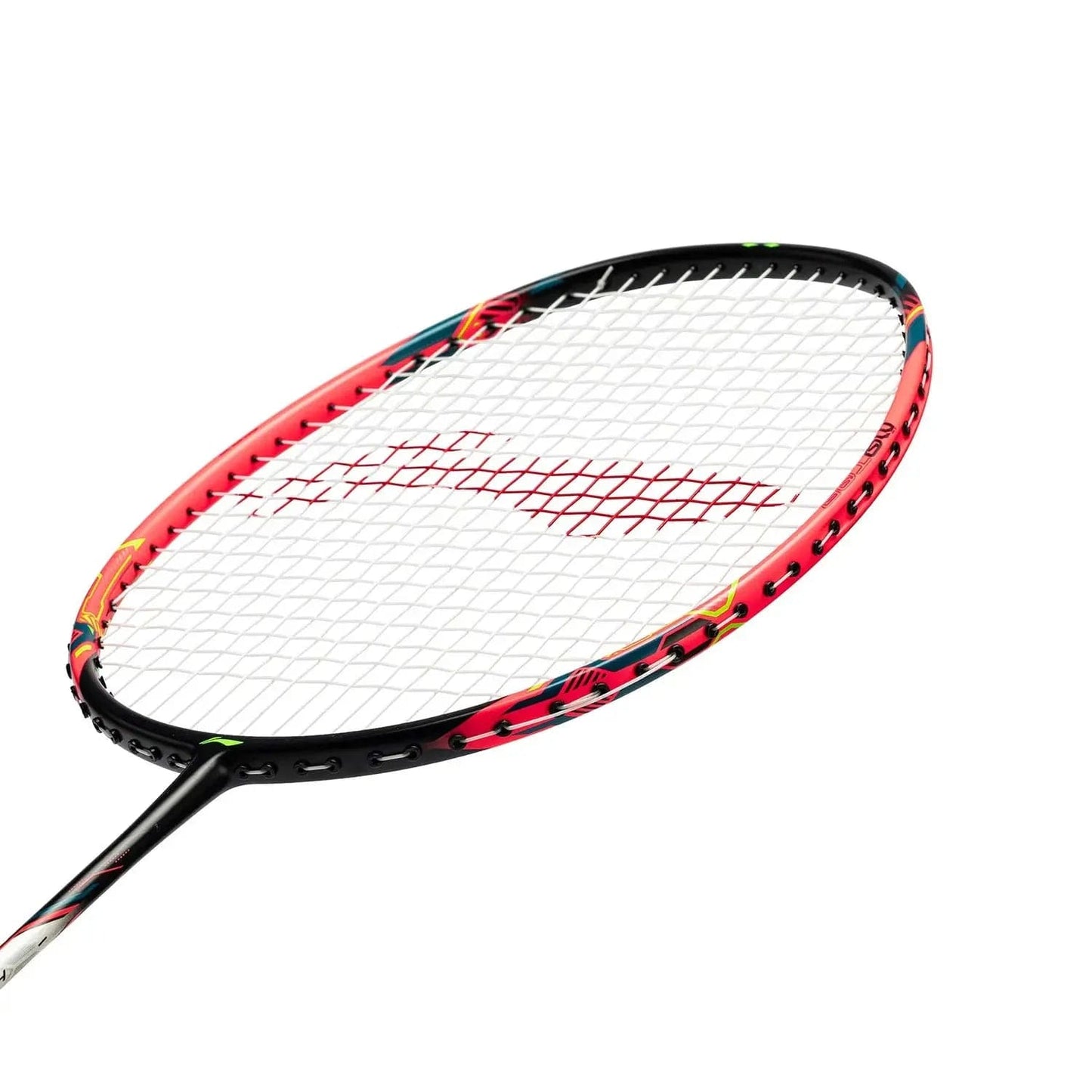 Close-up of a Li-Ning Halbertec Motor 5U badminton racket, showcasing its lightweight and well-balanced frame with vibrant pink accents. The tightly woven strings and partially visible handle stand out against the plain white background, emphasizing the racket's intricate details.