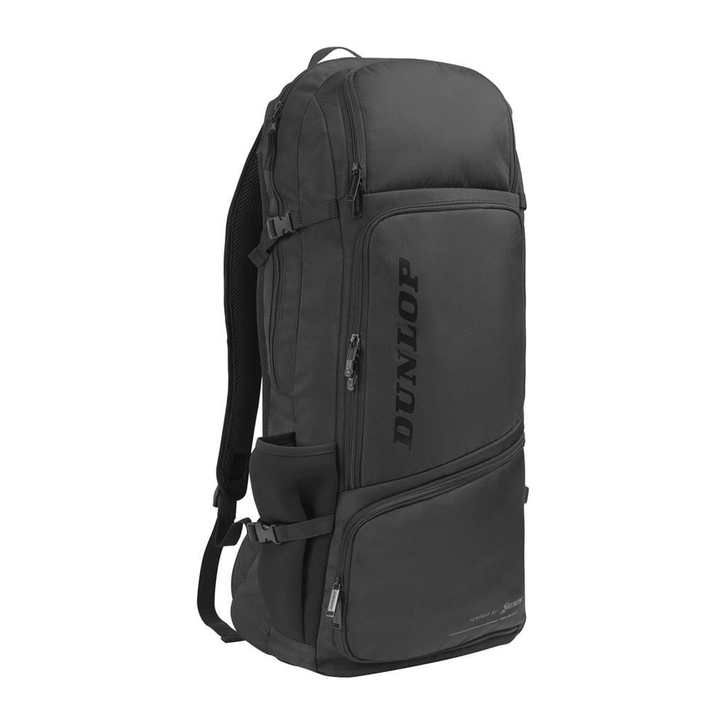 The Dunlop CX-Performance Long Badminton Backpack in black is a spacious tennis backpack featuring multiple zippers and compartments. Designed with ergonomic shoulder straps and a side pocket, it's ideal for carrying sports equipment. The brand name is printed vertically on the side.