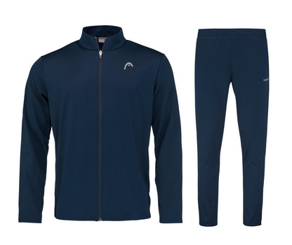 Introducing the HEAD Club Men's Easy Court Tracksuit in dark blue, a stylish and perfect choice for training. It includes a zip-up jacket with a small logo on the left chest and a high collar. The straight-cut pants offer comfort with their elastic waistband, all made from Moisture Transfer Microfibre.