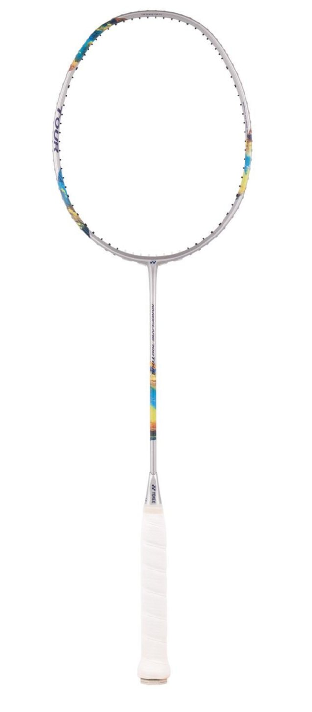 The Yonex Nanoflare 700 Tour 4U badminton racket boasts a sleek white grip and a robust silver frame, highlighted with vibrant accents of sky blue. Ideal for advanced players, its precisely strung strings are geared for peak performance on the court.