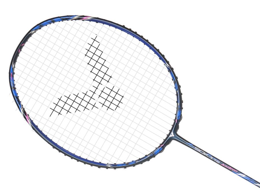 A close-up of the Victor Auraspeed 90K II TD 3U badminton racket by Victor highlights its midnight blue and black frame accented with touches of pink, complete with a logo on the strings. Incorporating Dynamic Sword technology into its design, it makes a striking impression against the plain white background.